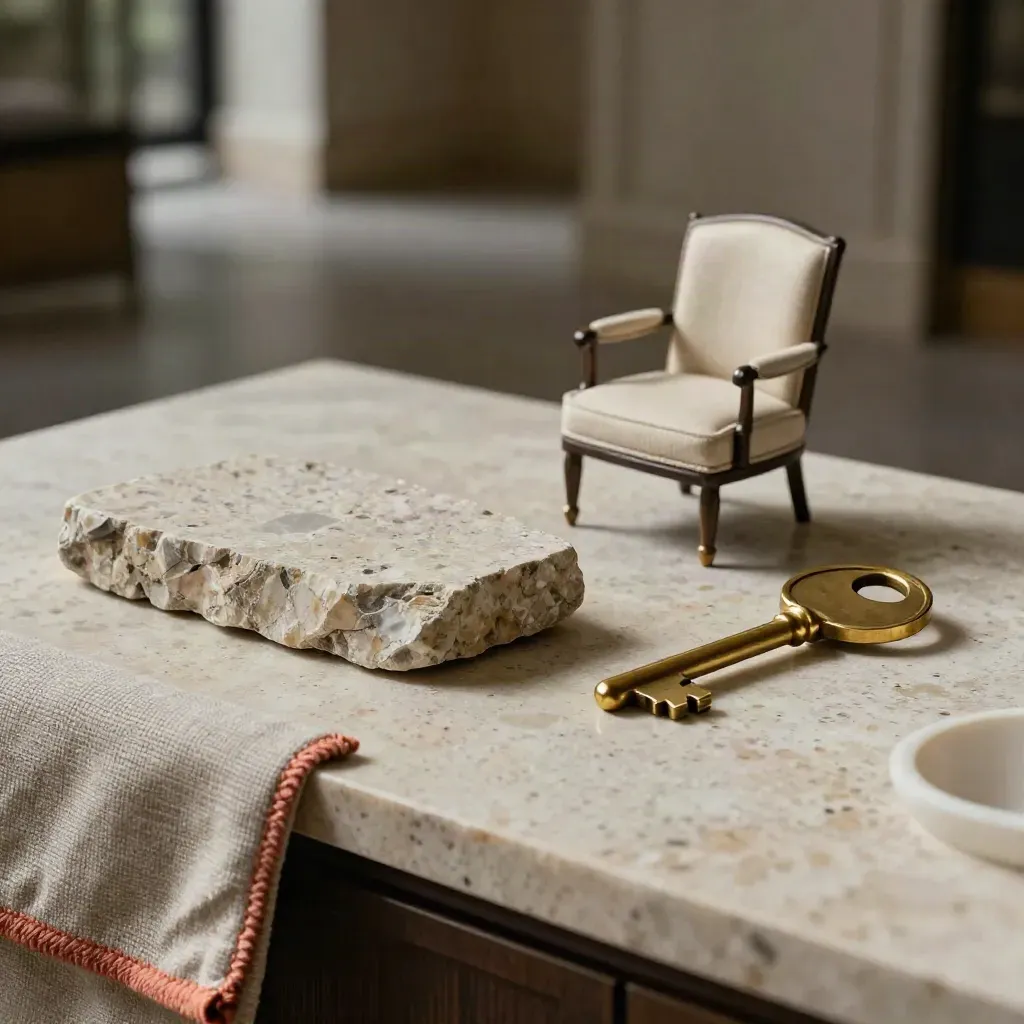 Campioni location su una credenza d’hotel: pietra, lino, sedia miniatura e chiave in ottone.