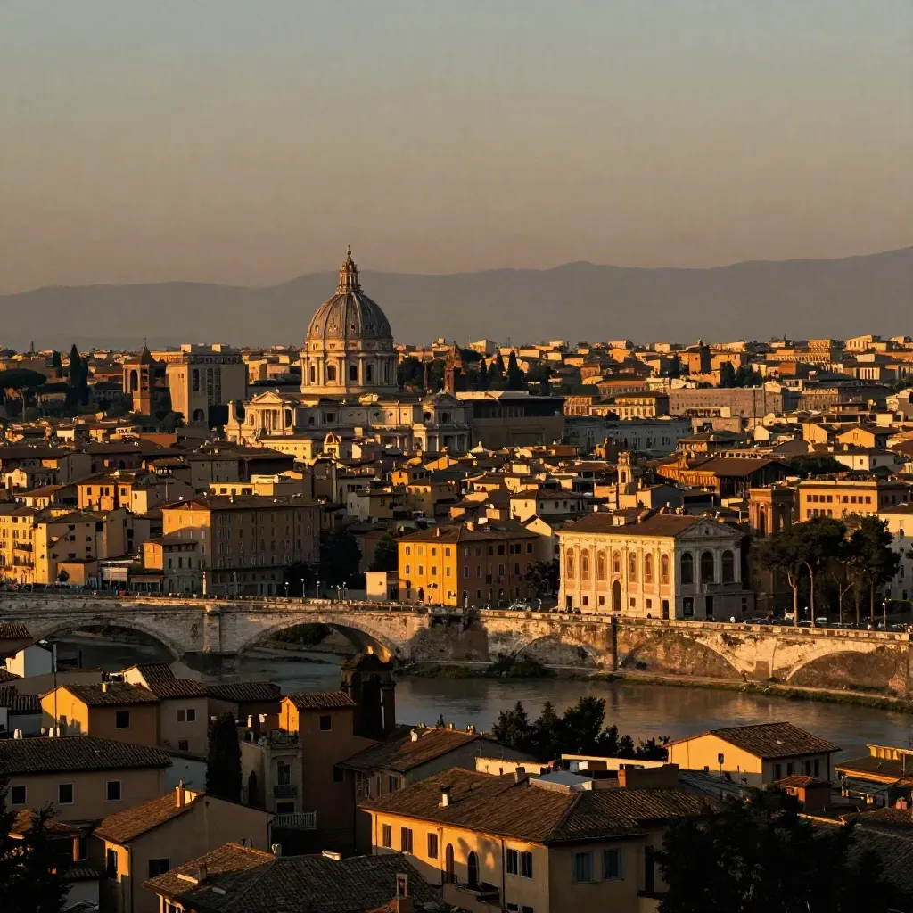Panorama di Roma al tramonto con cupole, tetti caldi e Tevere nella foschia.