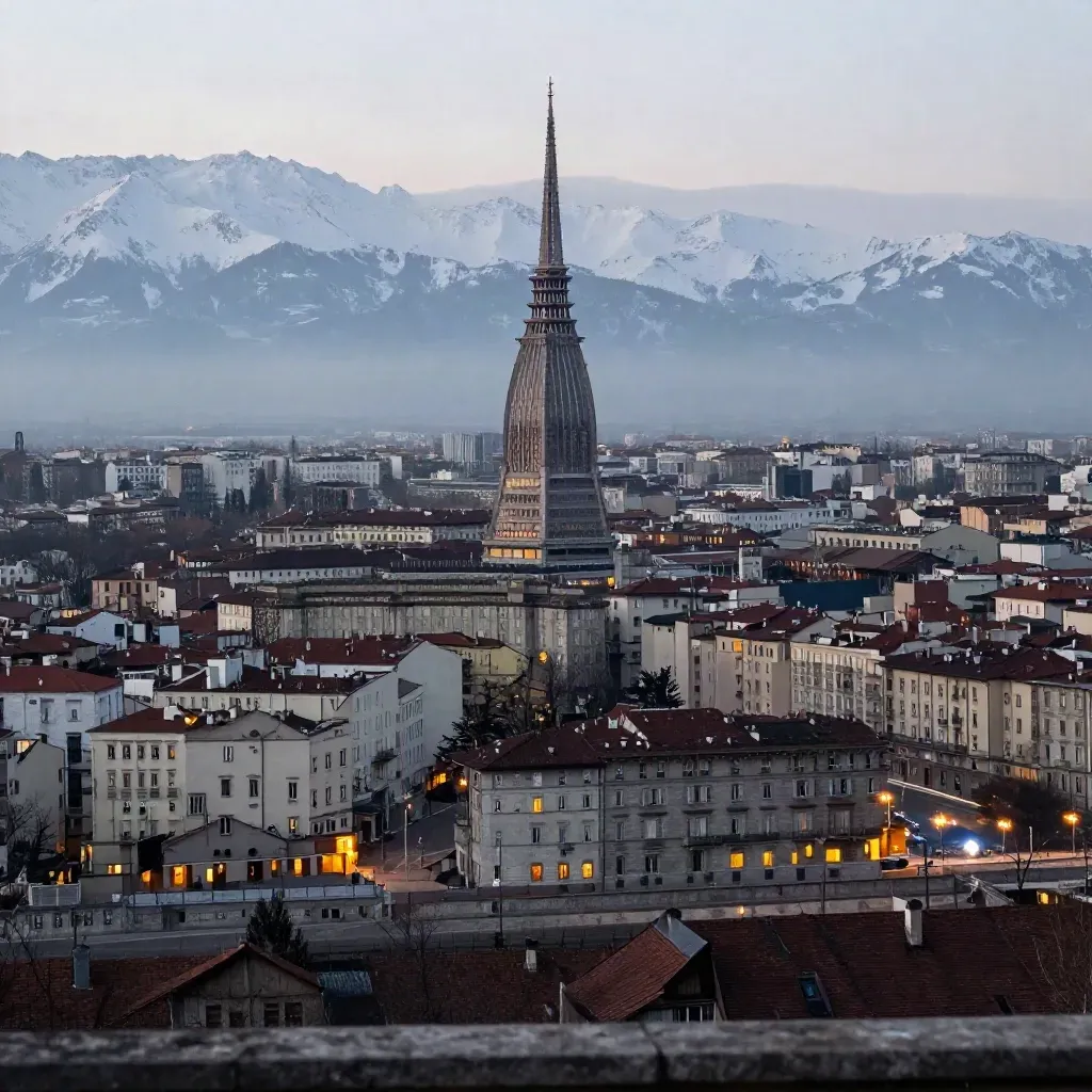 Torino al crepuscolo con la Mole Antonelliana e le Alpi in una luce morbida.