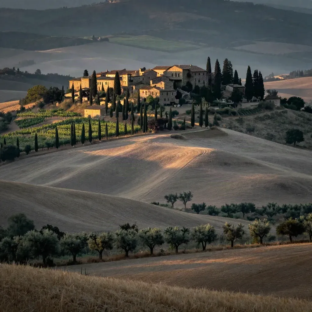 Colline toscane con cipressi, borgo in alto e campi velati nel pomeriggio.
