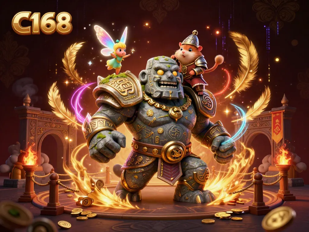 C168 casino scene featuring a golem guardian animated with magic, a hamster knight, and magical elements.