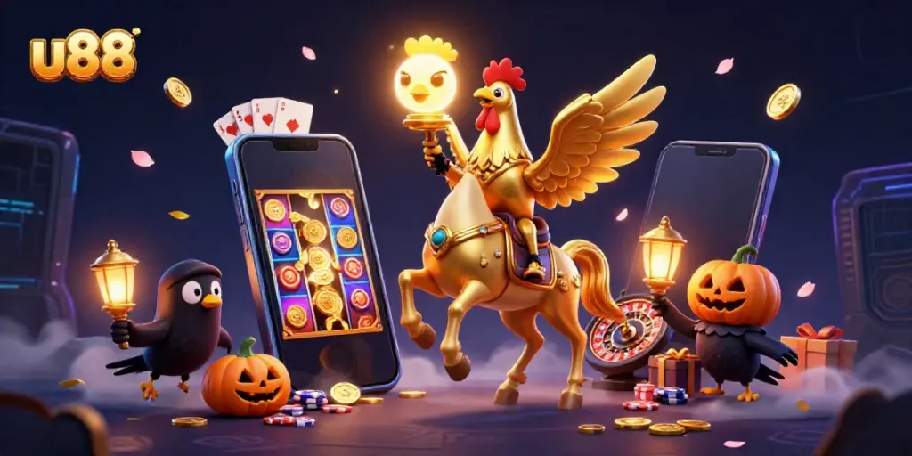 Experience thrilling gaming at u88 with a golden rooster and friends in a festive casino scene.