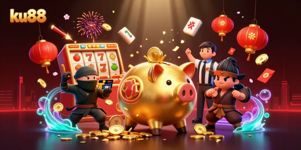 ku88 engaging players with dynamic casino action featuring a golden piggy bank and vibrant game elements.