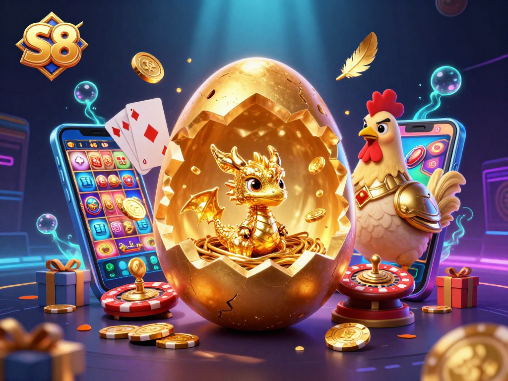 Experience S8's vibrant golden gaming world with a dragon and poker chips amidst a dazzling casino setting.