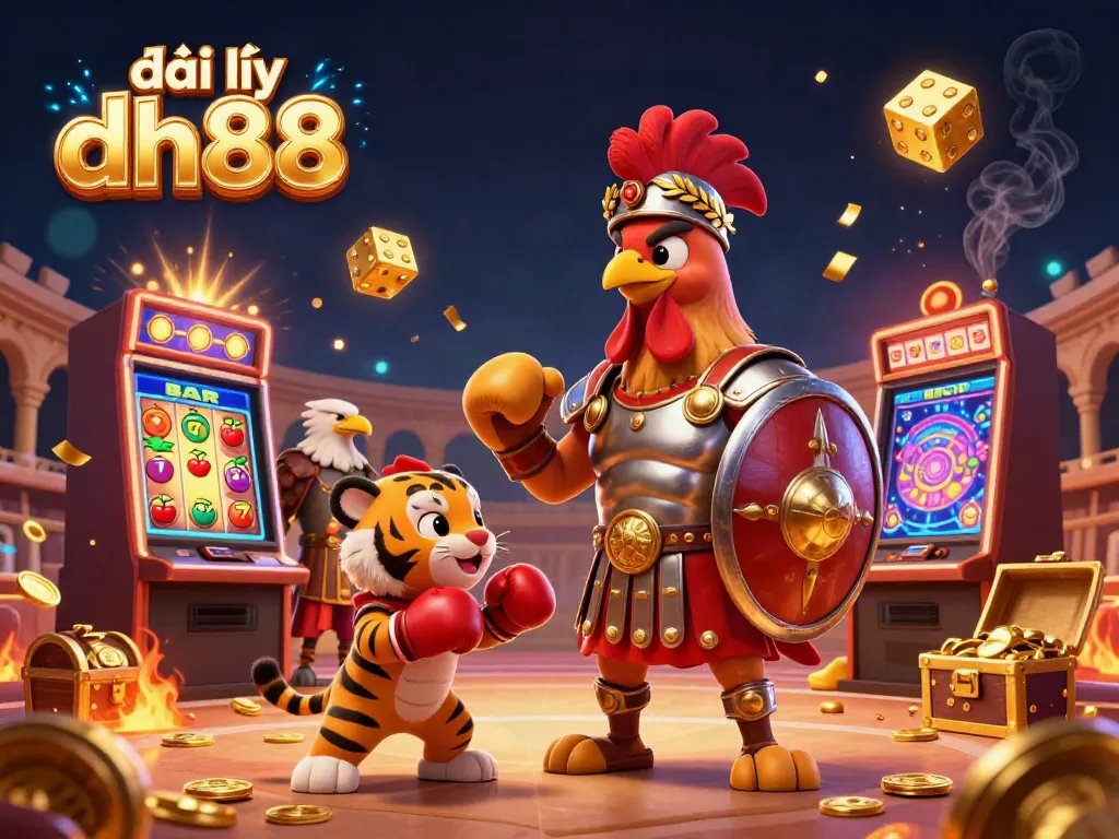 Engaging scene depicting đại lý dh88 with a gladiator rooster, tiger cub, and eagle in a casino setting.