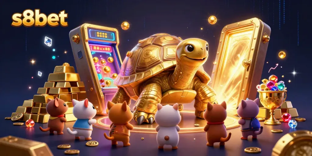 S8bet's vibrant gambling world with a colossal tortoise pinball machine and treasure-filled elements.