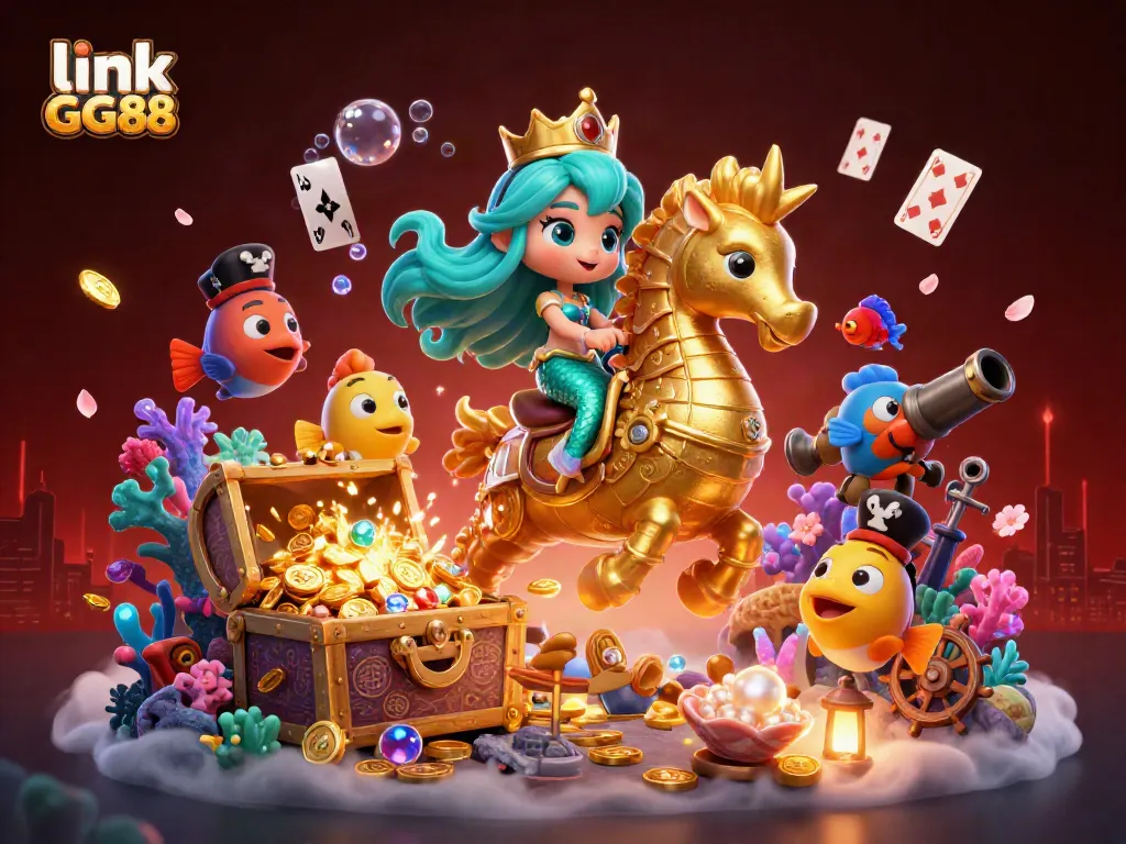 Engage with link GG88 through an immersive underwater casino experience featuring vibrant characters and treasures.