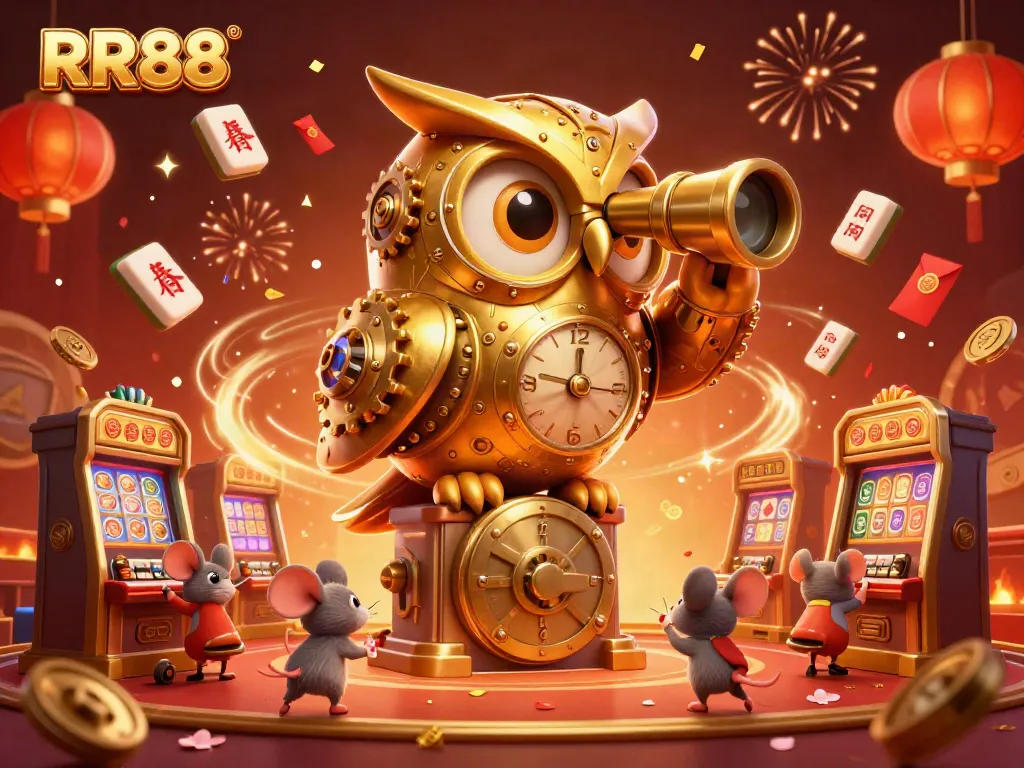 Engage with RR88's vibrant casino world filled with gold confetti, a golden owl, and delightful games.