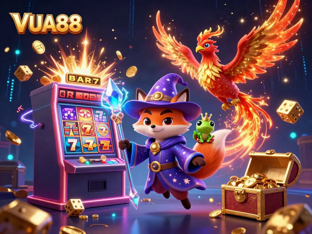 Experience VUA88’s thrilling adventure with a wizard fox, phoenix, and explosive casino elements.