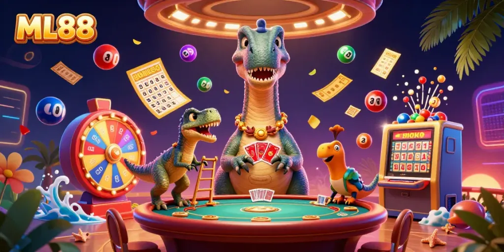 ML88 casino scene featuring a brontosaurus and raptor amidst lottery elements for engaging gameplay.
