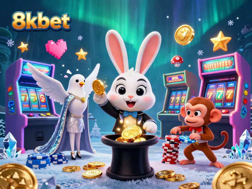 Experience exhilarating gameplay with 8xbet's magical rabbit, doves, and coins in a vibrant casino scene.