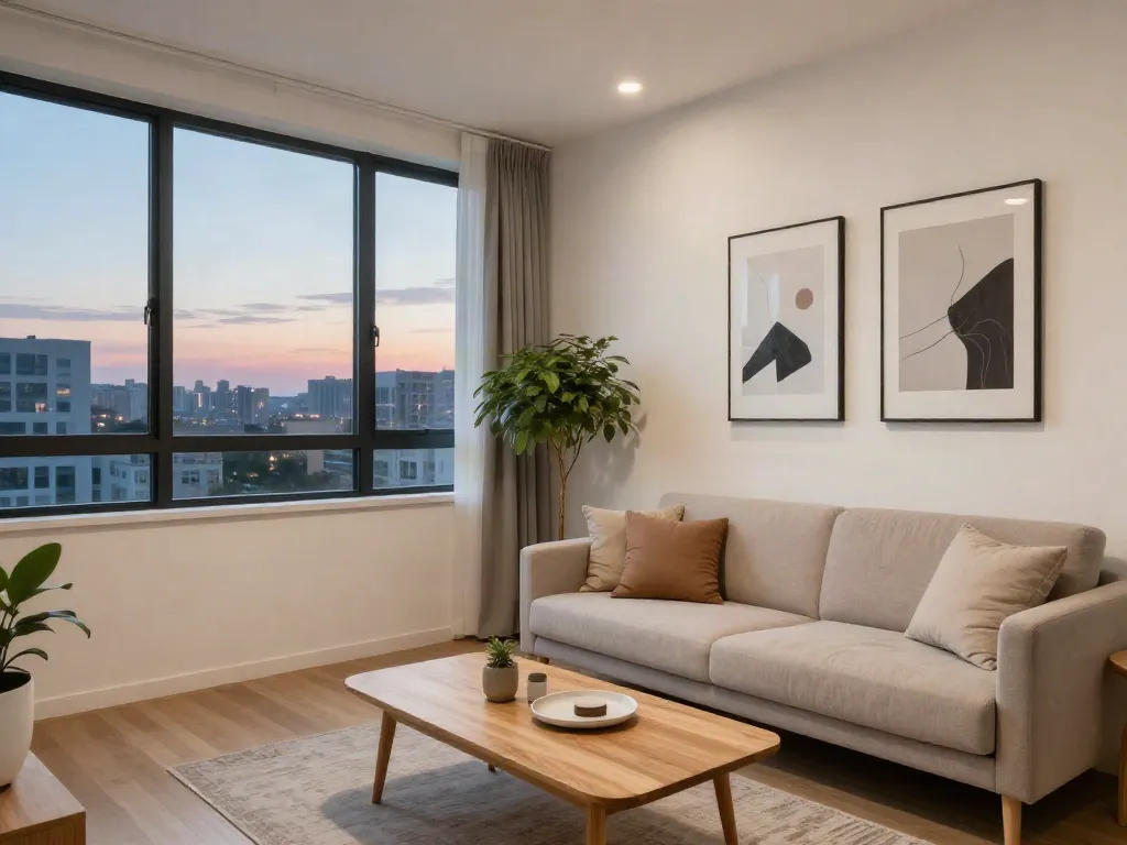 Cozy living space of discreet apartments featuring modern decor and ambient lighting.