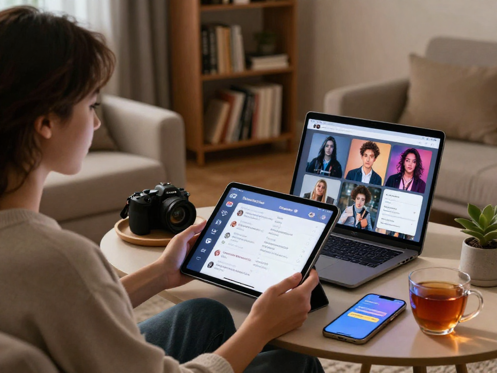 Engaging with sex ai on a tablet in a cozy living room.