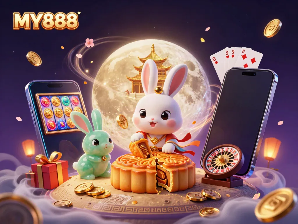 Experience the vibrant gaming world of MY888 with a playful moon rabbit, poker chips, and rich casino elements.