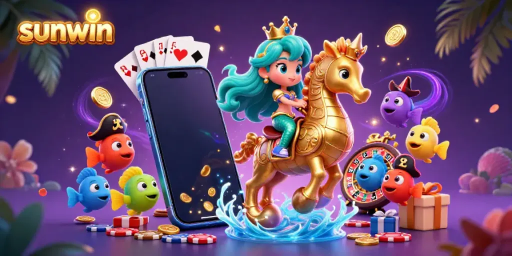 Play thrilling slot games and win big with sunwin as the mermaid princess rides her magical seahorse amidst vibrant casino elements.
