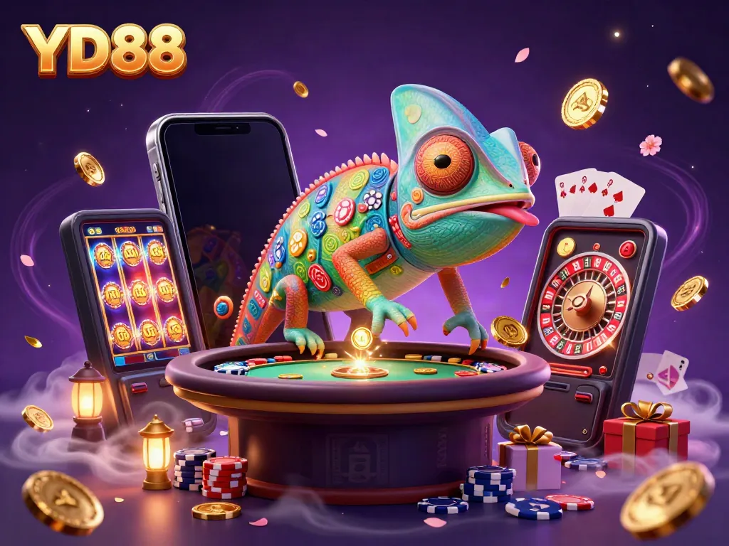 Experience the thrilling world of YD88 with a vibrant chameleon casino owner and dynamic gaming elements.