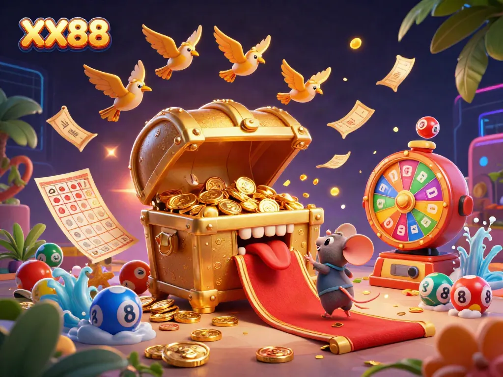 Experience winning strategies with XX88's vibrant lottery scene, featuring dynamic characters and elements.