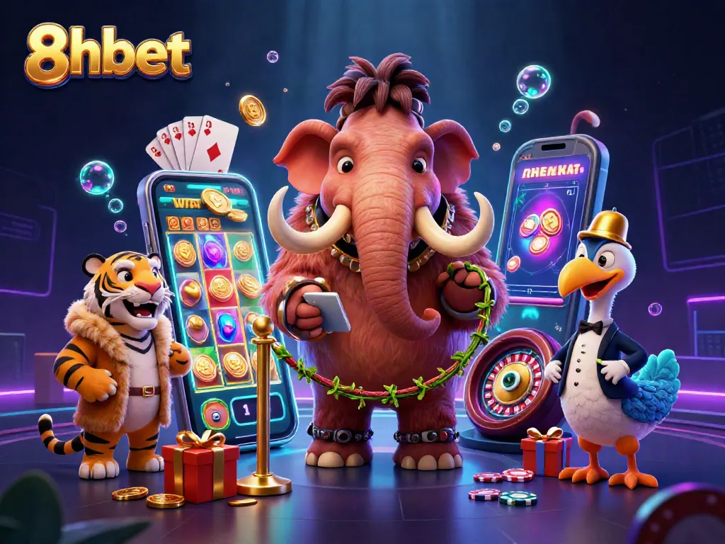 Experience 8xbet gaming with unique characters and vibrant casino elements in a dynamic scene.