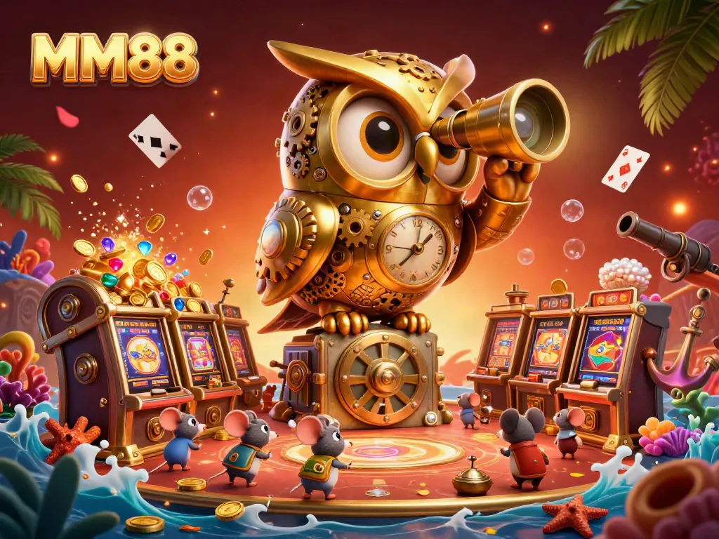 Engage with MM88's vibrant casino world featuring a clockwork owl and mice patrons in action.