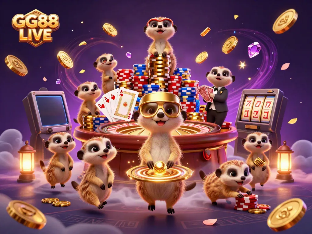 Experience GG88 LIVE immersive gaming with dynamic meerkat casino scene, featuring lively action and golden treasures.