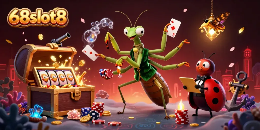 68slot8 showcases a dynamic casino scene with cartoon characters and vibrant game elements.