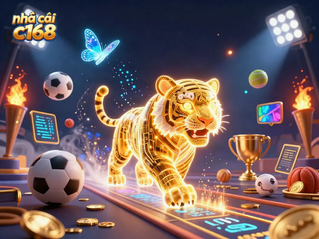 Witness the vibrant energy of nhà cái c168 with a golden tiger and dynamic sports elements in a digital casino.