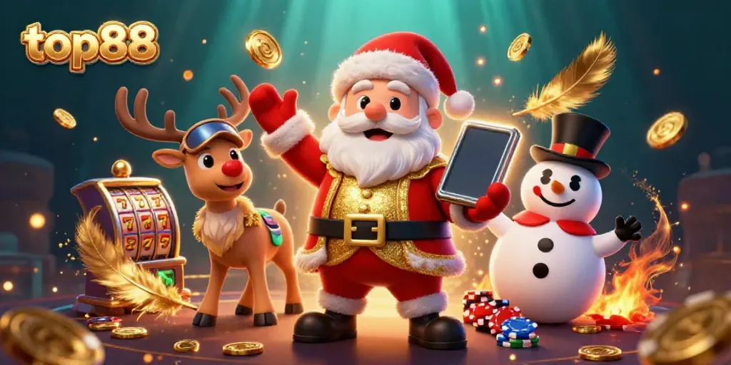 Experience the excitement of top88 with Santa and friends celebrating jackpot wins in a vibrant casino scene.