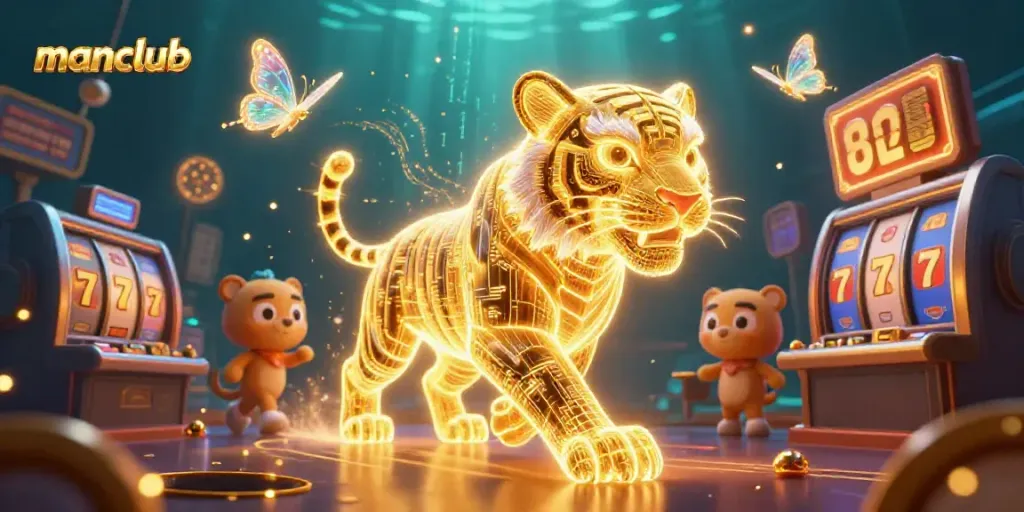 Experience winning thrills at manclub with a neon-wireframe tiger amidst a vibrant digital casino scene.