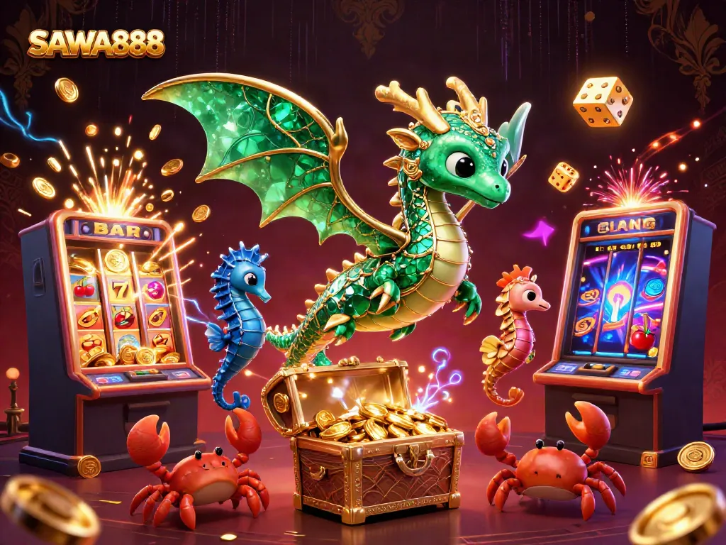 Experience the excitement of SAWA888 with vibrant slot machines and winning symbols in a thrilling casino atmosphere.