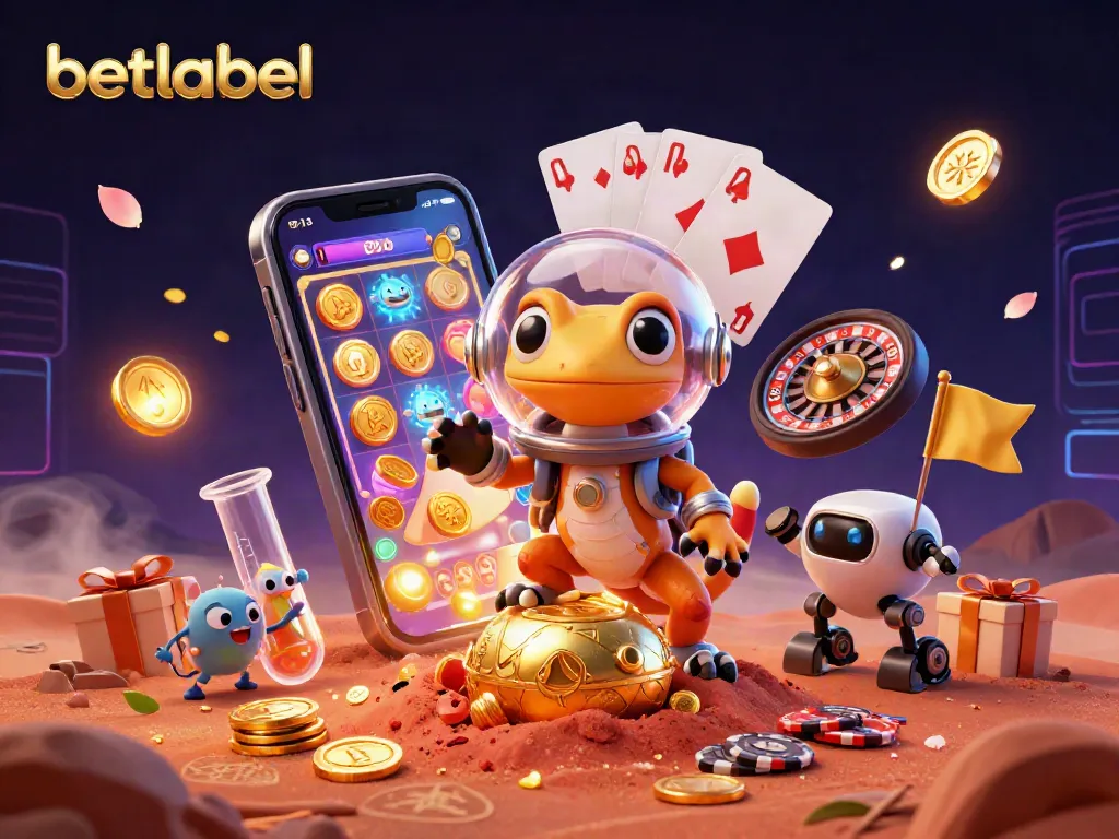 Experience the thrill of betting at Betlabel's golden casino with a whimsical Martian gecko.