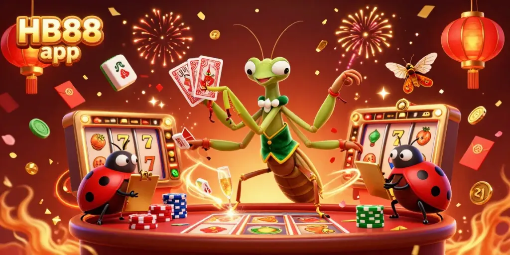 Engage with the HB88 app, highlighted in a vibrant casino scene showcasing a giant praying mantis and ladybug characters.