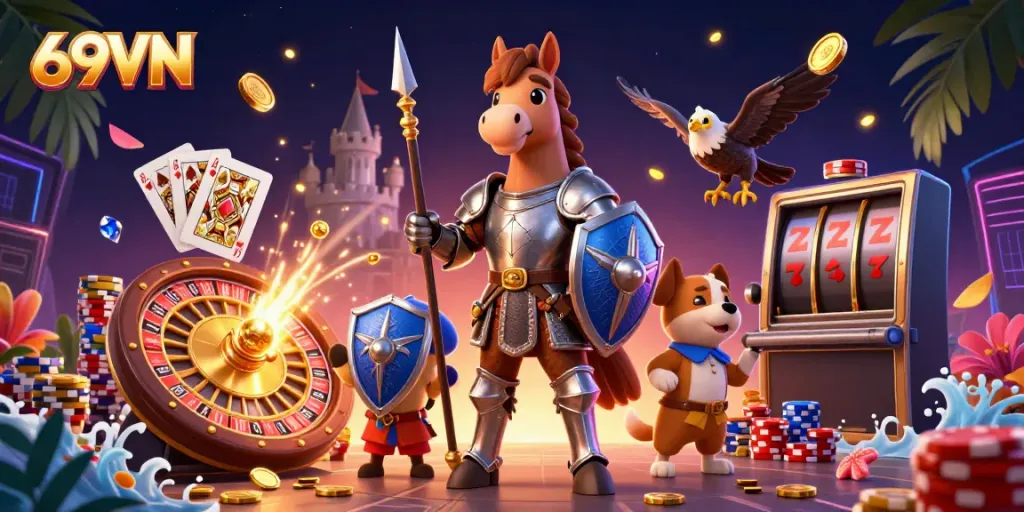 Engage with exciting casino adventures at 69VN with knights and treasures in a vibrant digital world.